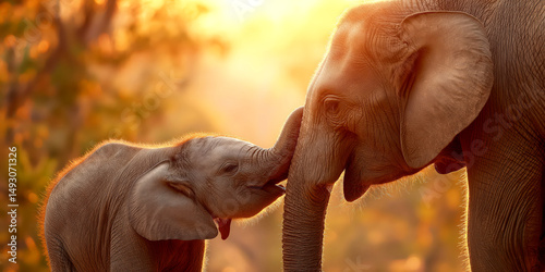 Baby elephant kissing mother's trunk in warm sunset light