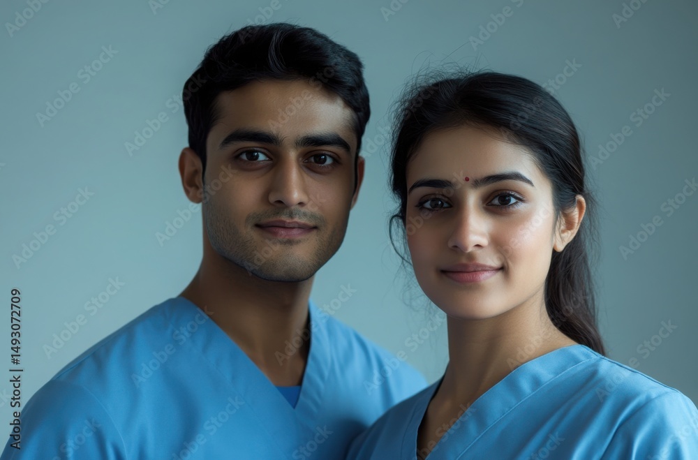 Indian nurse duo, male and female, centered with serene expressions, cinematic tones and minimalist blue-white background Indian nurse duo, male and female, centered with serene expressions, cinematic tones and minimalist blue-white background