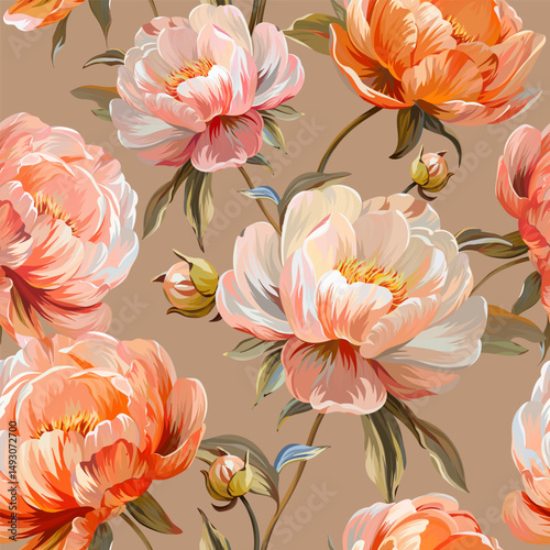 Pattern peonies flowers. Vector pattern floral summer flowers peonies. For paper, fabric, packaging, interior design