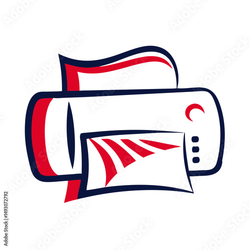 Printer graphic icon with paper emerging in red and blue design  