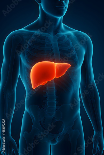 3D medical illustration of human liver highlighted in red within male torso anatomy, concept of internal organs, healthcare, liver disease, medical diagnostics, and biology

 photo