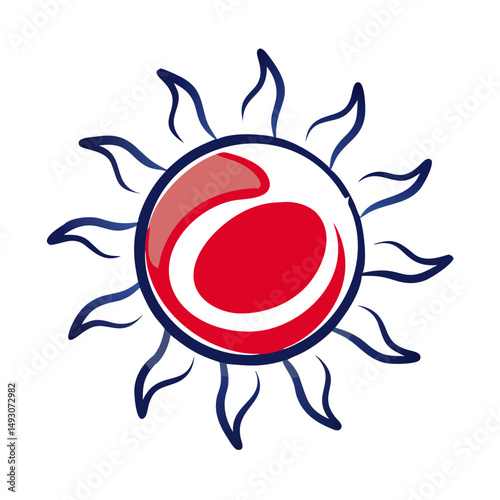 Sun icon with stylized rays and red center on a white background  