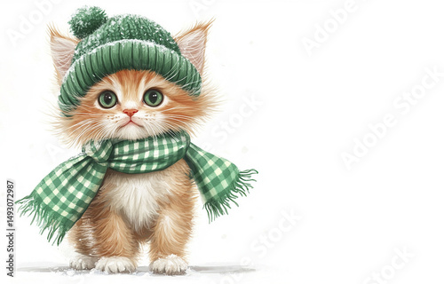 A fluffy orange and white kitten poses adorably while donning a knitted green hat and matching scarf against a light background
