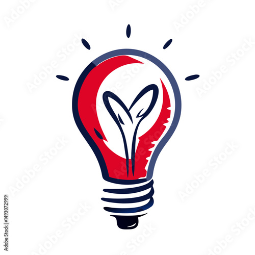 Light bulb with heart and plant design in red and blue color scheme  