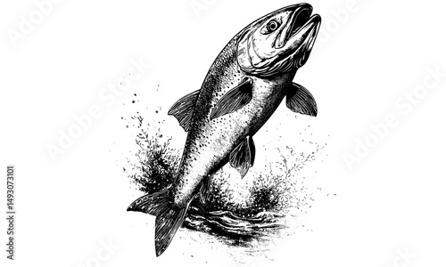 Vintage Salmon Engraving, Monochrome Fish Line Art, Rustic Nature Drawing, Detailed Wildlife Illustration, Antique Marine Life Etching, Black Sketch, old engraving style, trendy aquatic art