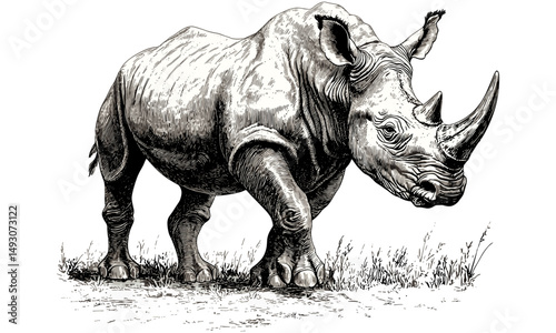 Vintage monochrome safari animal line art, retro rhino charging engraving, detailed wildlife etching, hand-drawn fauna sketch, rustic nature print, black sketch, trendy animal lovers illustration