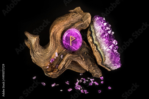 Wunjo Rune on Amethyst Crystal – Viking Symbol of Joy and Harmony