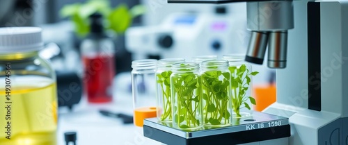 Close-up of lab equipment analyzing genetically modified plant samples,  pipette,  crispr