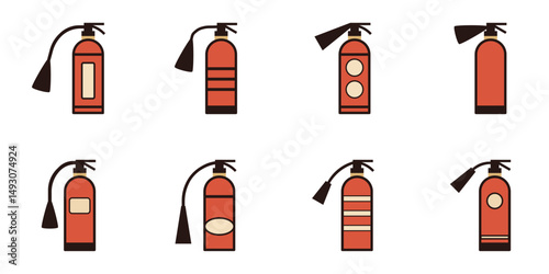 Collection of emergency fire extinguisher illustrations for safety equipment, fire protection, and hazard control