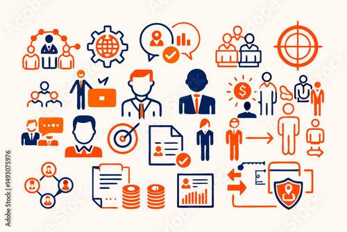 Business and web design icon set with social media and technology symbols for marketing communication