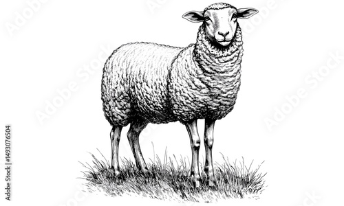Vintage Sheep Illustration, Sheep Grazing in Pasture, Hand-drawn Engraving Style, Rustic Farm Animal Wall Print, Monochrome Pastoral Drawing, Old Engraving Style, Farm Life Art