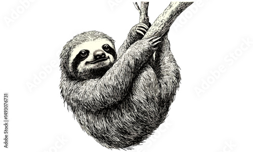 Sloth Hanging with One Arm, Hand-drawn Illustration, Vintage Animal Drawing, Old Engraving Style, Black Sketch Effect, Rustic Wildlife Print, Antique Nature Wall Art, Forest Decor