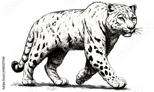 Vintage Snow Leopard Drawing, Rustic Wildlife Art, Black Sketch Effect, Old Engraving Style Illustration, Mountain Cat Walking Gracefully, Antique Wall Decor, wilderness art decor