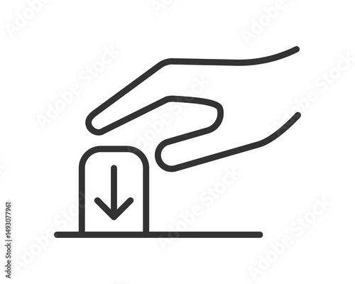 Hand pushing button with arrow down. Clean line art.  Symbolizes action, control, trigger, or selection.  Great for interfaces, manuals, or instructions.