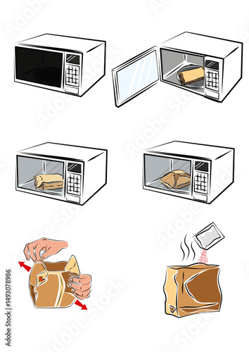 Microwave Popcorn Making Step-by-Step Vector Illustration