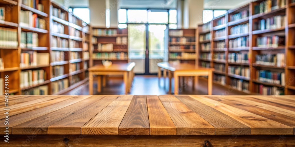 Obraz premium Distant wooden table in empty room with blurred library view behind, blurring effect