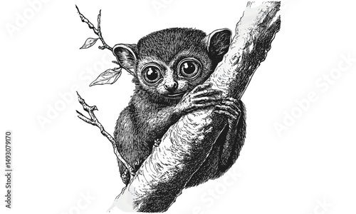 Tarsier Clinging to Branch, Tiny Primate Illustration, Old Etching Style, Scientific Wildlife Sketch, Vintage Animal Print, Monochrome Line Wall Art, black sketch, retro nature art