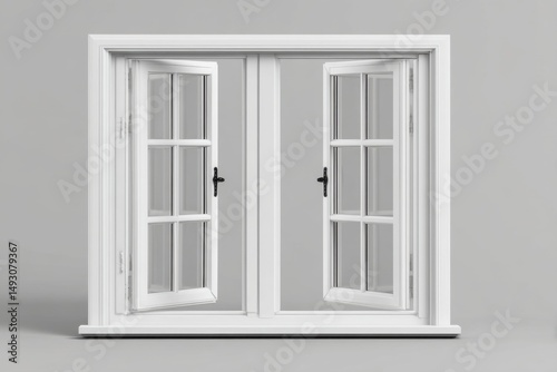 Open white casement window on gray background studio shot interior design architecture detail