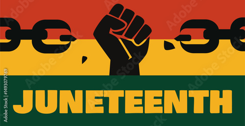 Powerful illustration of Juneteenth liberation showing fists breaking chains for justice and equality