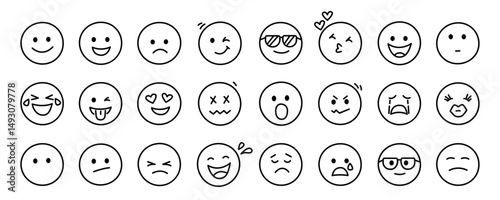 Emojis faces doodle line icon set isolated on white background. Emoticons vector illustration in hand drawn style. Happy, sad, laughing and other faces sign business concept.
