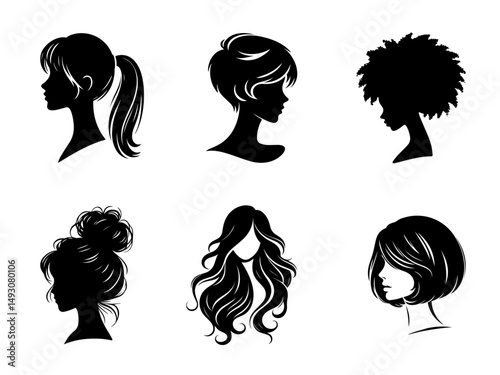 set of women hairstyles in vector, various hairstyles in silhouette and black color