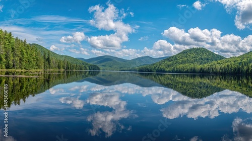 Panoramic view of a lake with a beautiful blue sky and forest in the background, where the water perfectly reflects the scenic landscape.