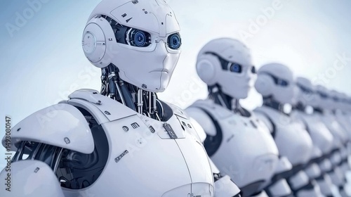 Futuristic robots stand in a line, showcasing advanced humanoid design and technology. The sleek, metallic features and blue eyes symbolize innovation and the future of robotics.