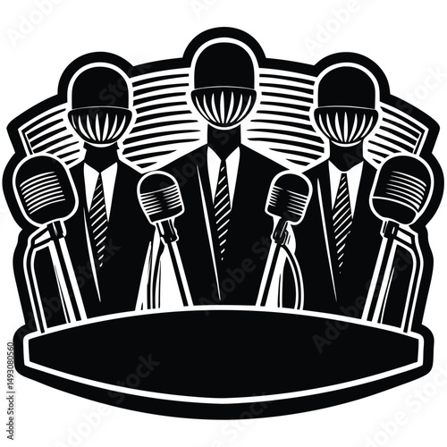 Press Conference Illustration Four Silhouetted Figures at Podium with Microphones