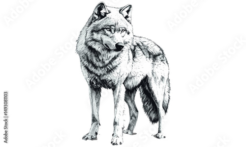 Hand-drawn Arctic Wolf in vintage engraving style, monochrome wildlife art, retro sketch for winter decor, trendy black sketch, wilderness mammal, classic nature illustration, cold habitat