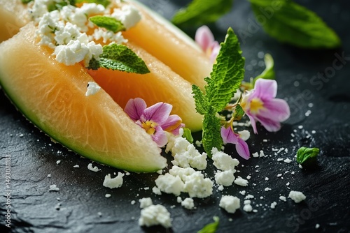Fresh melon slices topped with feta cheese and mint leaves   photo