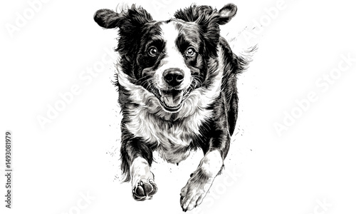 Vintage Border Collie Dog Running, Hand-drawn Pet Engraving, Monochrome Etching, Retro Sketch, Farm Decor, Animal Art Print, Old Style Illustration, Rustic Wall Art, Classic Drawing