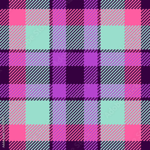 Vibrant pastel plaid pattern in pink, purple, and mint green on a dark background.  Perfect for textile design, fashion, or website backgrounds.