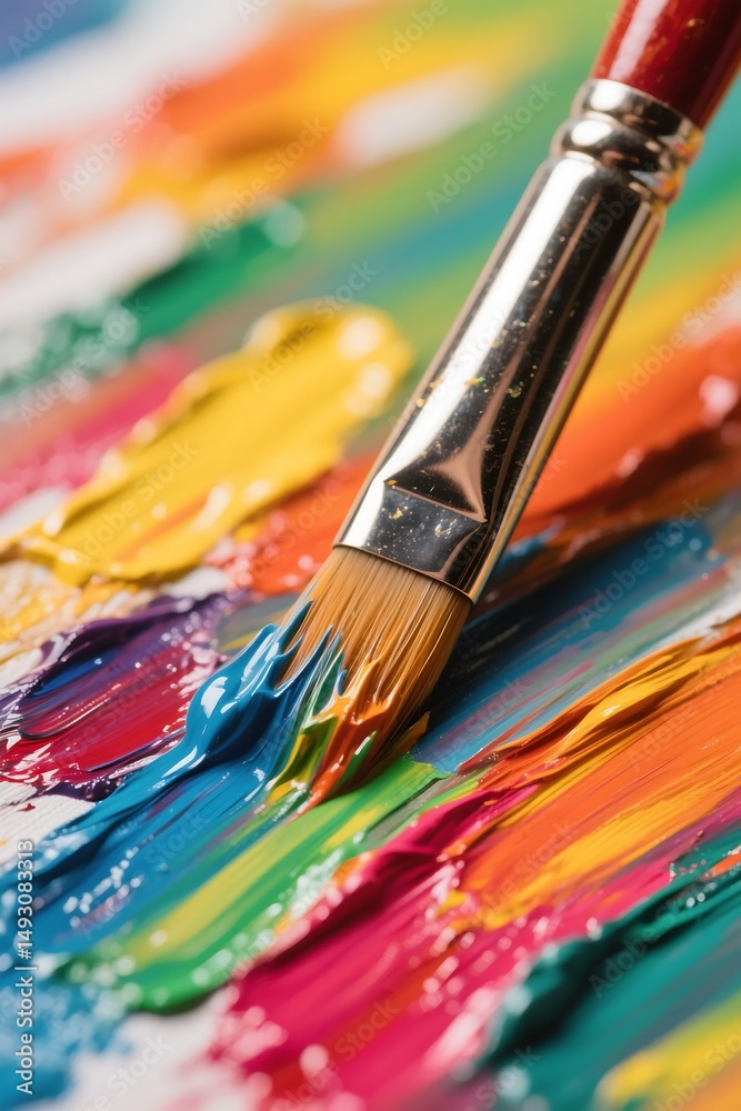 Fototapeta premium Artist's paintbrush creating vibrant colorful brushstrokes on artistic surface