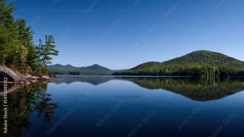 Obraz premium Panoramic view of a lake with a beautiful blue sky and forest in the background, where the water perfectly reflects the scenic landscape.