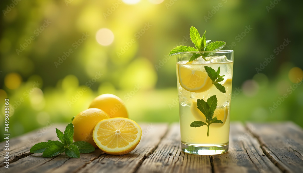 Fototapeta premium Refreshing Lemonade with Mint on Wooden Table