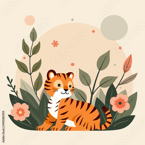 Cute cartoon tiger sitting among flowers and leaves in a playful and cheerful composition