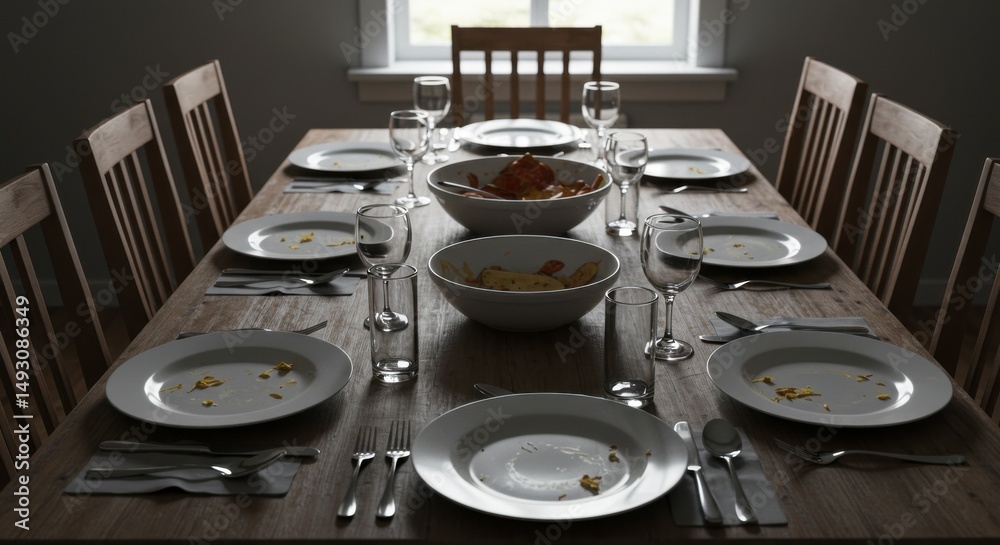 Fototapeta premium Dining Table After Meal with Empty Plates and Glasses