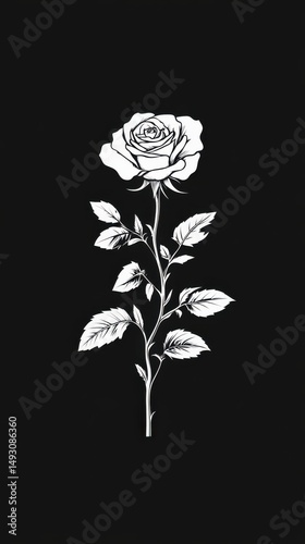 Elegant White Rose Illustration on Black Background Full Length Vertical Minimalist Style Isolated Graphic Design