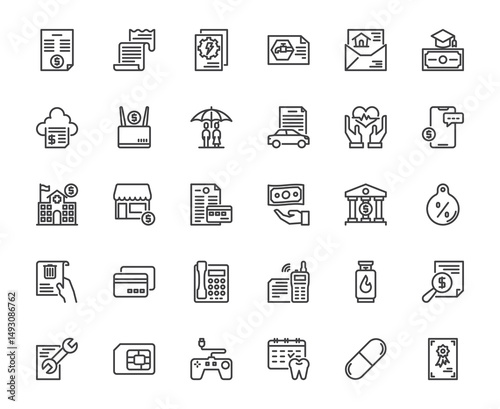 A collection of 30 clean and modern line icons related to billing, finance, and services. his icon set includes elements such as invoices, receipts, insurance. 48x48 pixel perfect editable stroke