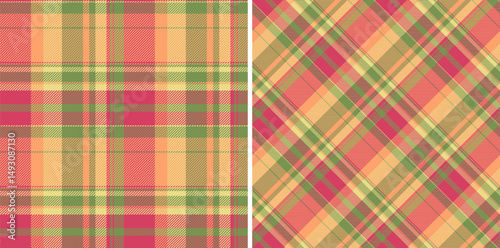Vibrant autumnal plaid patterns. Two seamless textures in warm coral, peach, and olive green hues. Perfect for textile design, fashion, home decor, and seasonal projects.