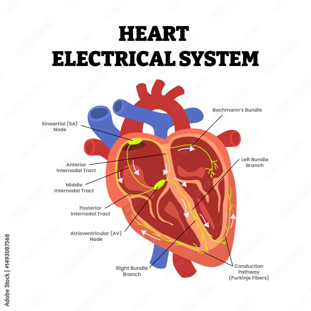 Heart Electrical System, educational medical poster design healthcare scheme, internal organs, cardiovascular disease, heart complication. Sinoatrial Node (SA), Atrioventricular Node (AV), internodal.
