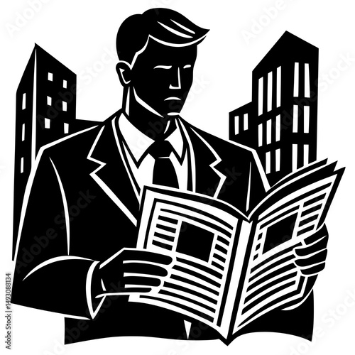 Businessman reading newspaper in city