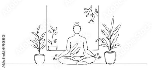 yoga and meditation in home with plants vector outline