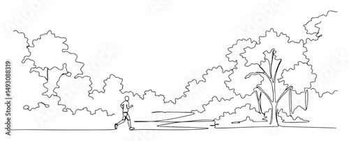 minimal line art of park scene with walking person and trees