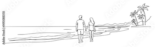 couple walking on tropical beach minimal line illustration
