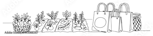 eco shopping zero waste bags and organic food outline vector