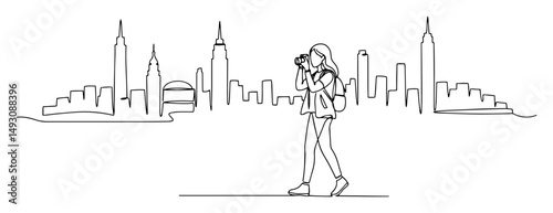 tourist woman with camera and city skyline vector outline