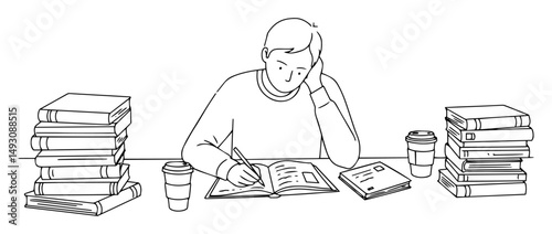 student studying with books and coffee monoline shape vector