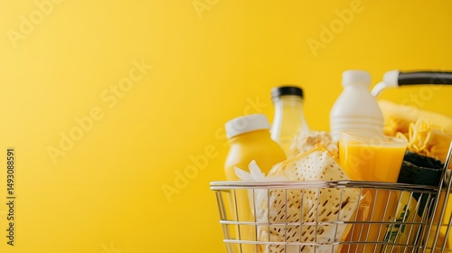 Shopping cart filled with various yellow groceries against a bright yellow background.