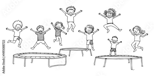children jumping happily on trampolines monoline shape vector